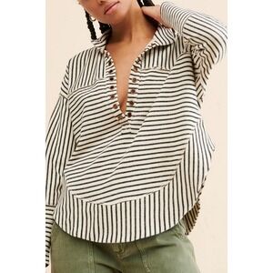 Pilcro Anthropologie Striped Grommet Henley Top Cotton Small Black White Boho